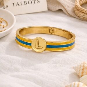 ✨ Talbots Gold Tone Enamel Bangle Bracelet – Blue & Yellow Stripe ✨